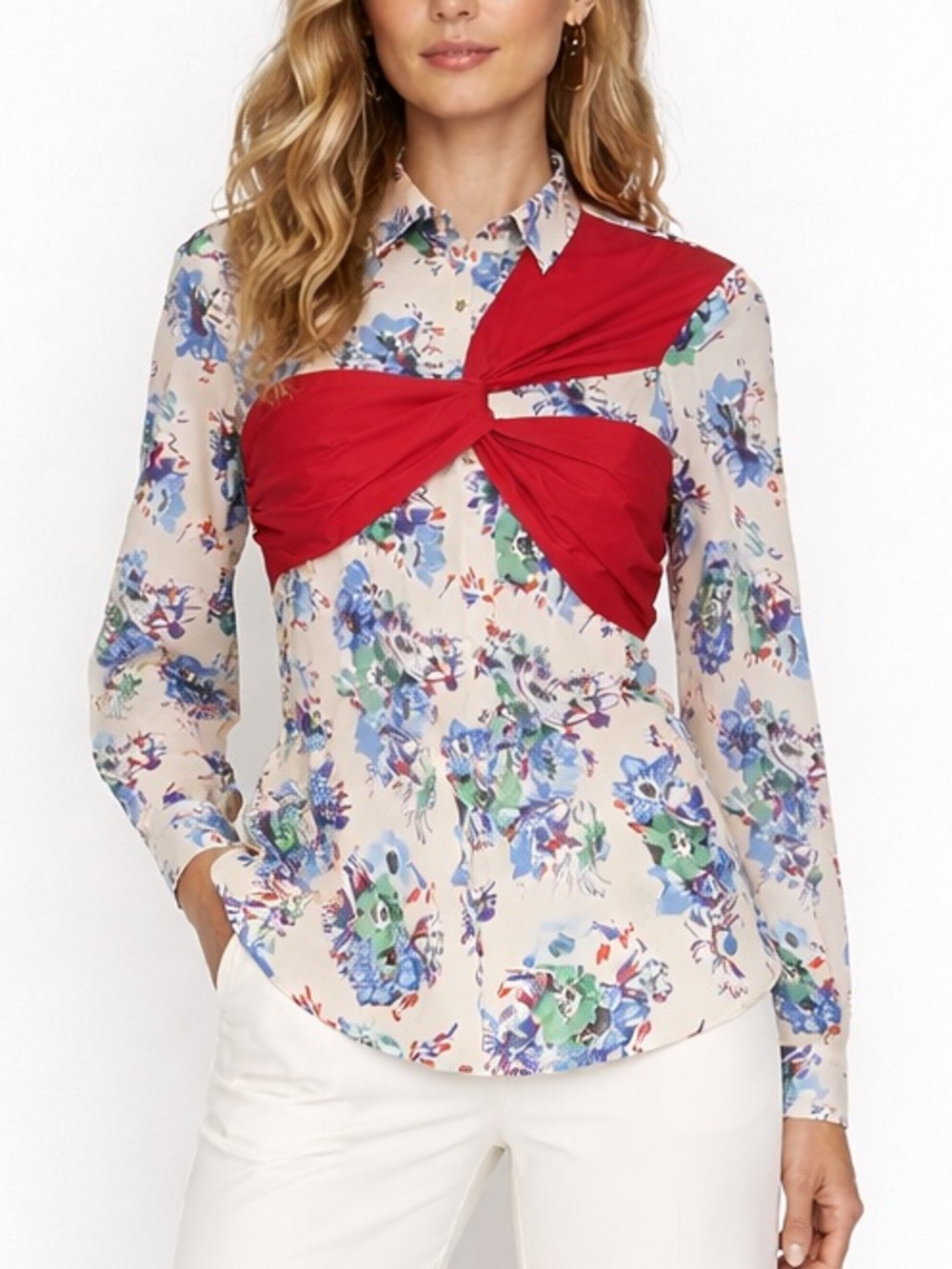 MGSM fitted cotton floral print  light pink, red sahs blouse/shirt/top Sz 38/XS